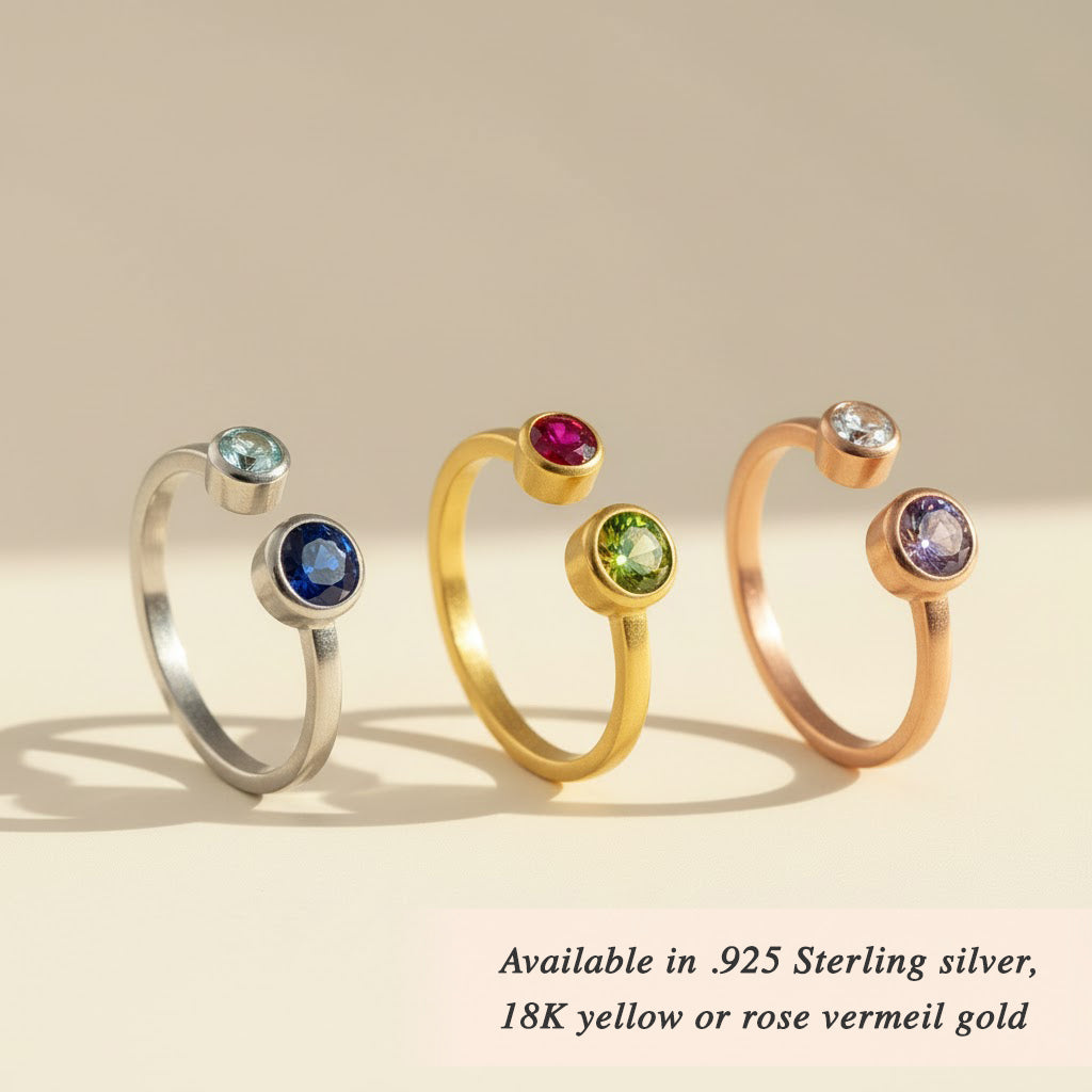 Adjustable birthstone rings in sterling silver, yellow gold, and rose gold finishes, personalized open ring options for mom and family gifts
