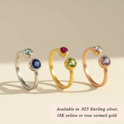 Adjustable birthstone rings in sterling silver, yellow gold, and rose gold finishes, personalized open ring options for mom and family gifts