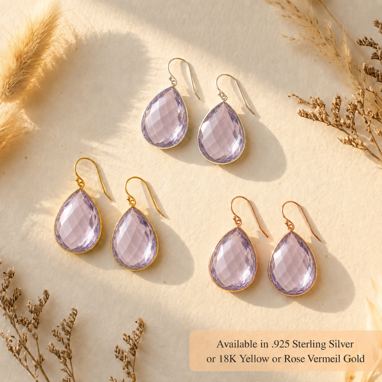 Alexandrite quartz earrings in gold and silver with text showing availability in sterling silver and gold finishes