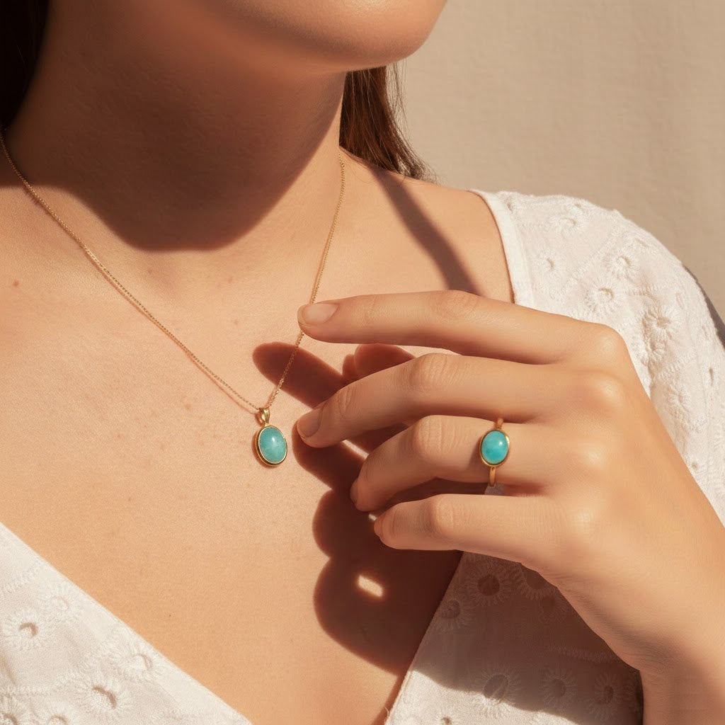 Amazonite ring paired with a matching amazonite necklace, highlighting coordinated turquoise gemstone jewelry set. Minimalist oval amazonite ring designed for everyday elegance, perfect as a gift for her or a meaningful gemstone jewelry piece.