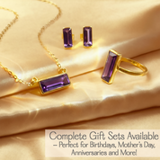 Amethyst birthstone jewelry set featuring a bar necklace, matching stud earrings, and rectangular gemstone ring