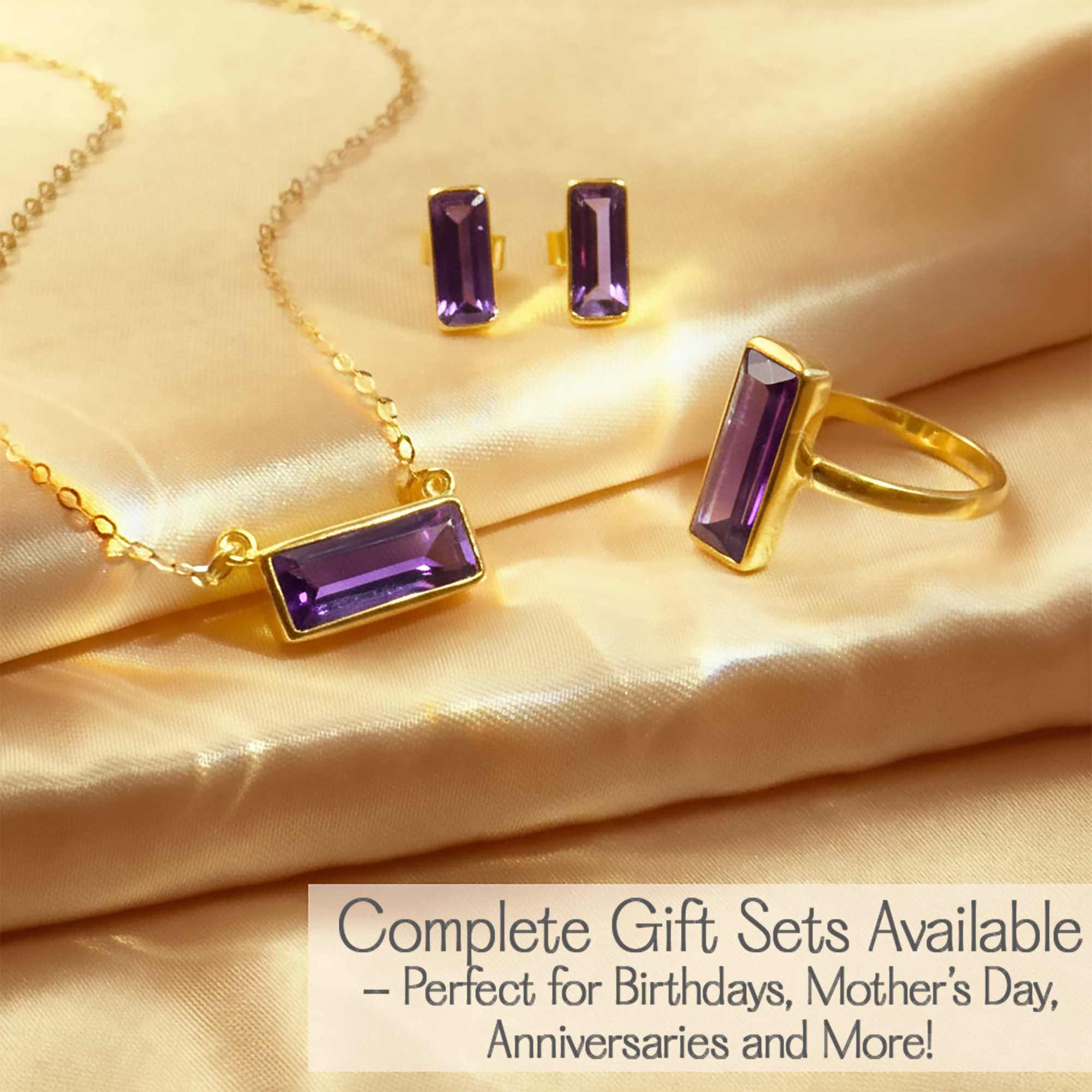 Amethyst birthstone jewelry set featuring a bar necklace, matching stud earrings, and rectangular gemstone ring