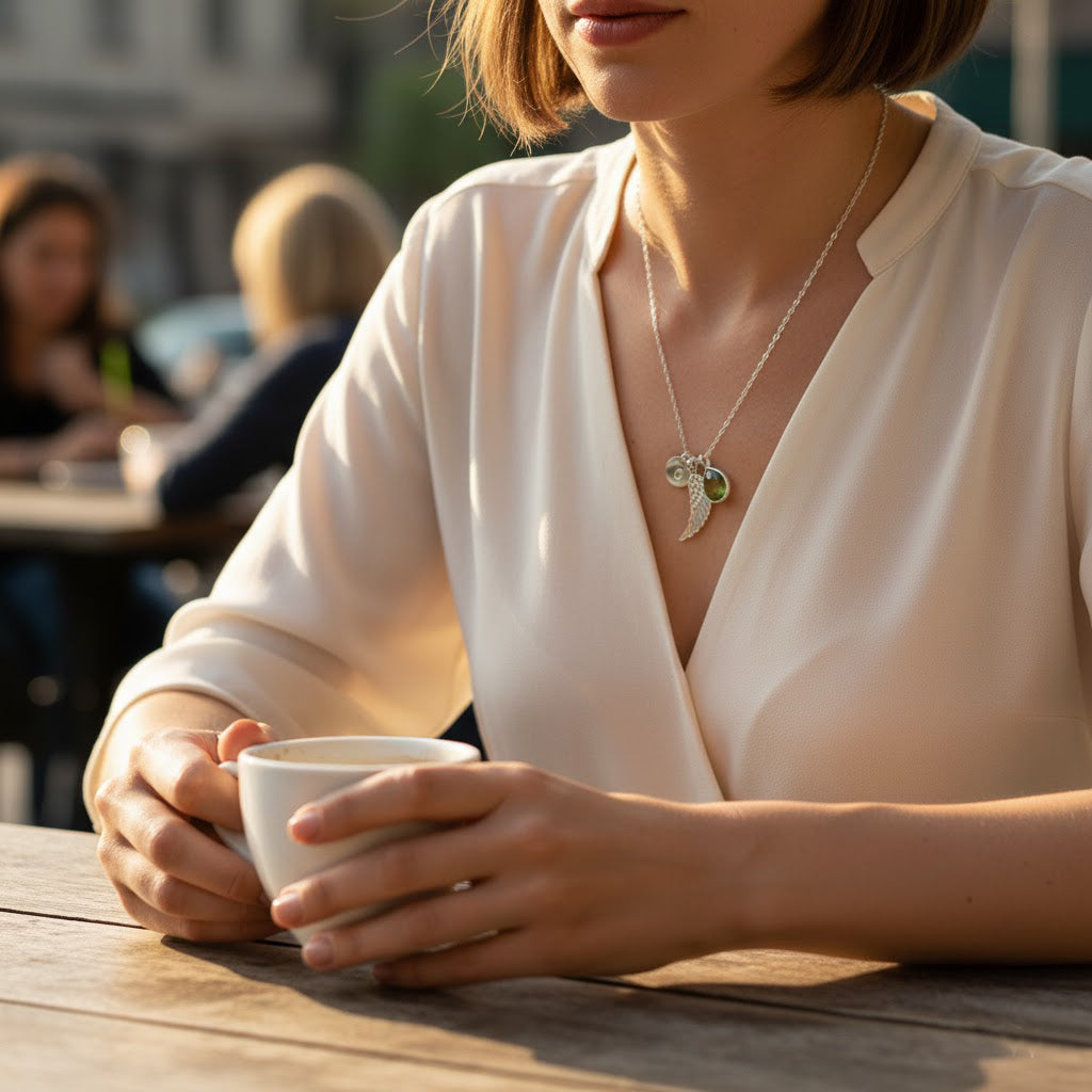 Woman wearing personalized angel wing necklace with engraved initial and green birthstone charm, 925 sterling silver memorial jewelry symbolizing remembrance, comfort, and guardian angel protection after loss.