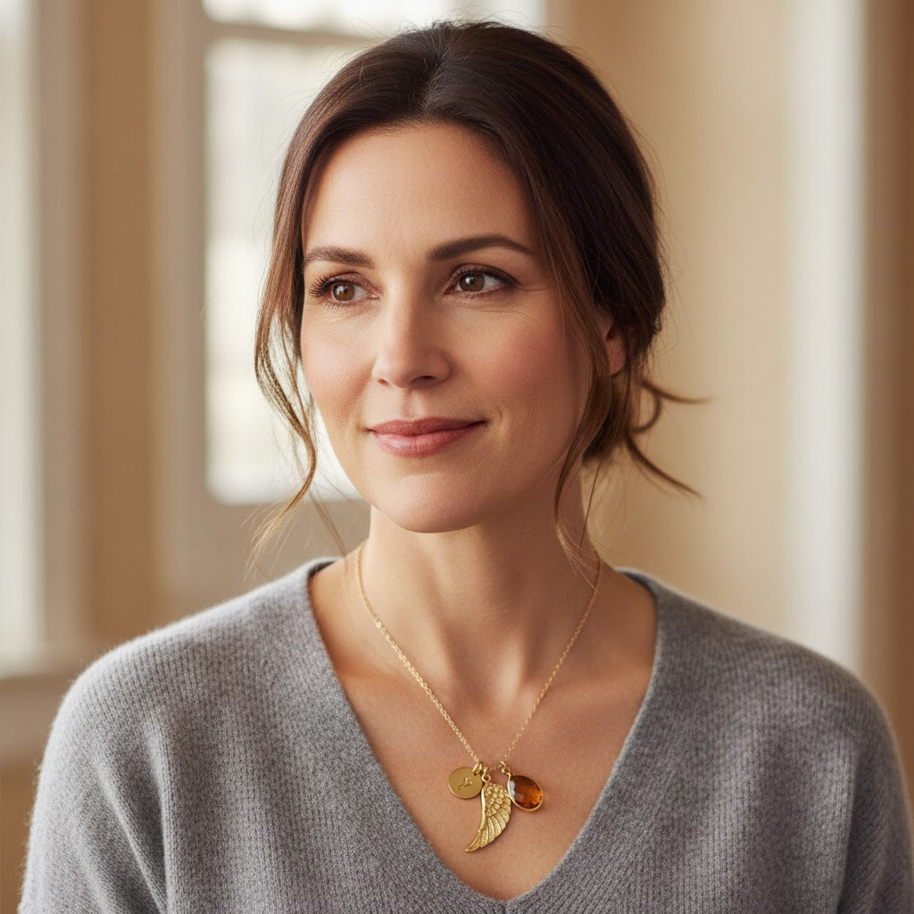 Gold angel wing memorial necklace with engraved initial disc and teardrop birthstone charm, personalized remembrance jewelry sympathy gift for loss.