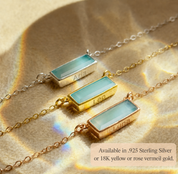 Aqua chalcedony bar necklaces in sterling silver, yellow gold, and rose gold metal options.