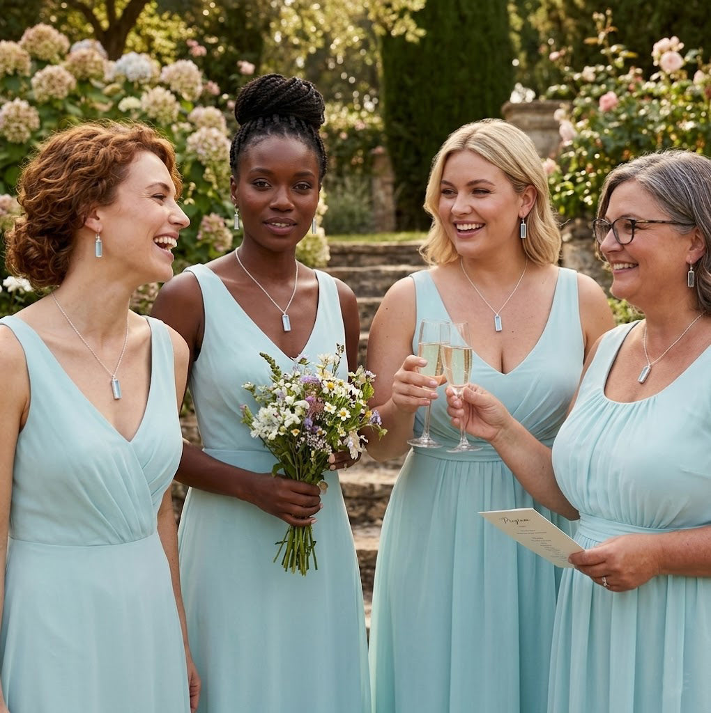 Bridesmaids wearing personalized aqua chalcedony necklaces, meaningful March birthstone jewelry for wedding party gifts.