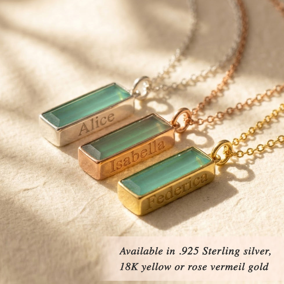 Custom March birthstone necklace available in sterling silver, yellow gold, and rose gold finishes with engraved message.