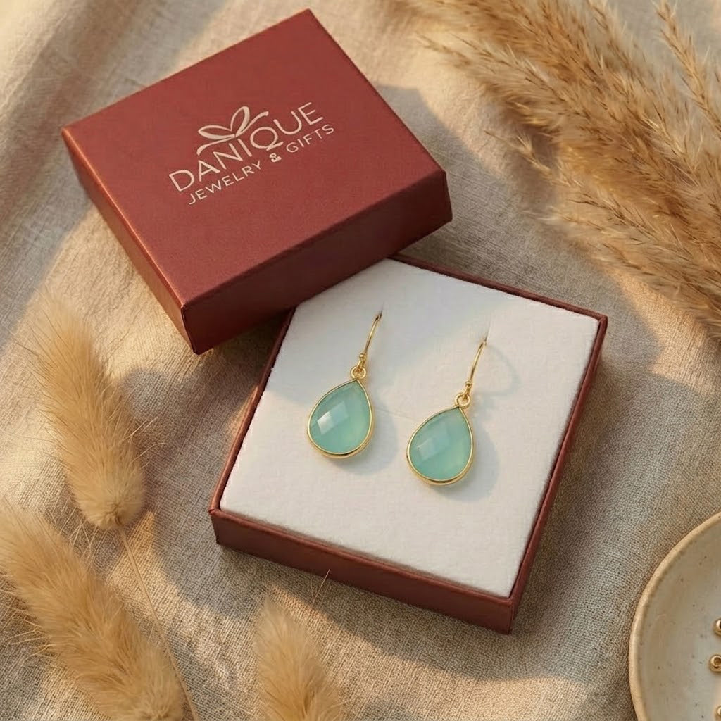 Aqua chalcedony earrings in Danique gift box, ready to gift gemstone jewelry for birthdays, bridesmaids, and holidays