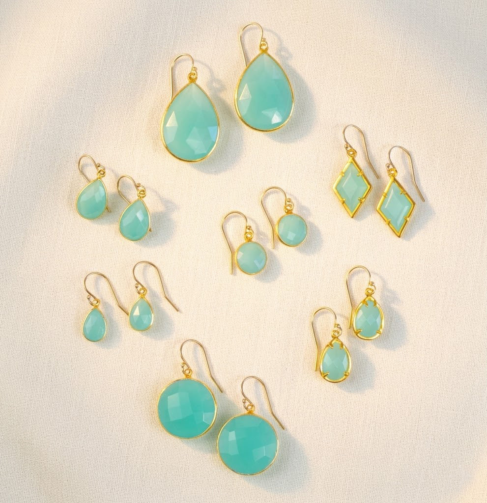 Aqua chalcedony earrings collection in gold with teardrop, round, oval, and geometric shapes, March birthstone earrings for women