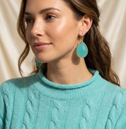 Aqua chalcedony earrings on model, gold teardrop gemstone drop earrings, elegant March birthstone jewelry