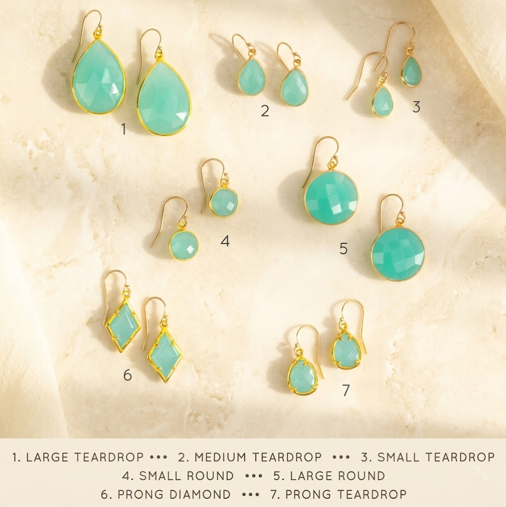 Aqua chalcedony earring size chart with teardrop, round, oval, and geometric gemstone styles in gold and silver