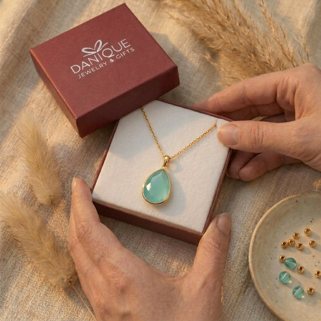 Necklace length guide for aqua chalcedony pendant necklace showing chain length options