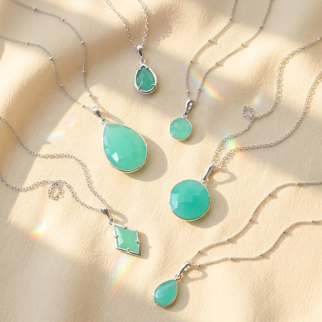 Close up aqua chalcedony gemstone pendant necklace with bezel setting soft turquoise blue color