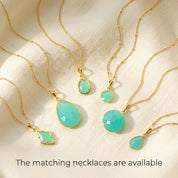 Matching aqua chalcedony necklaces and earrings in gold, coordinated March birthstone jewelry set