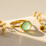 Oval Aqua Chalcedony Ring, Bezel Set March Birthstone Ring in Sterling Silver, Gold or Rose Gold