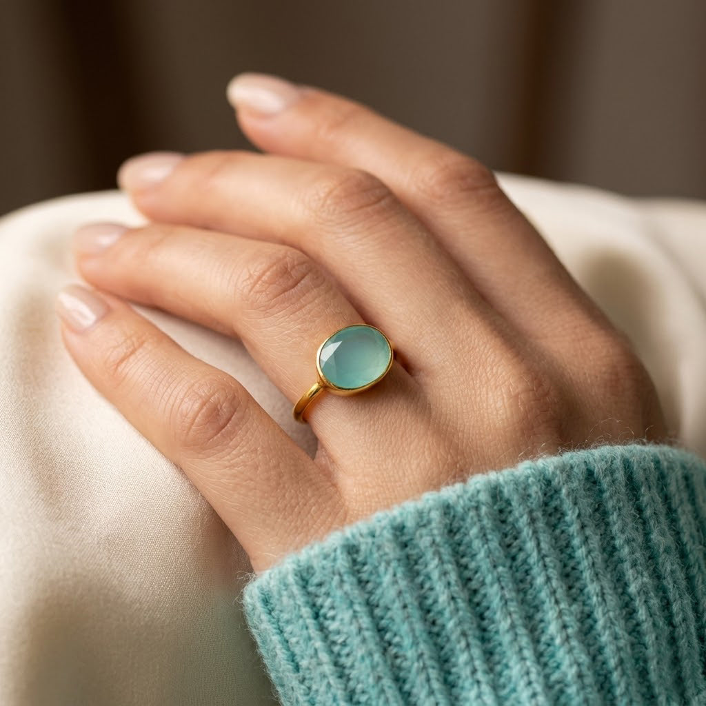 Oval Aqua Chalcedony Ring, Bezel Set March Birthstone Ring in Sterling Silver, Gold or Rose Gold