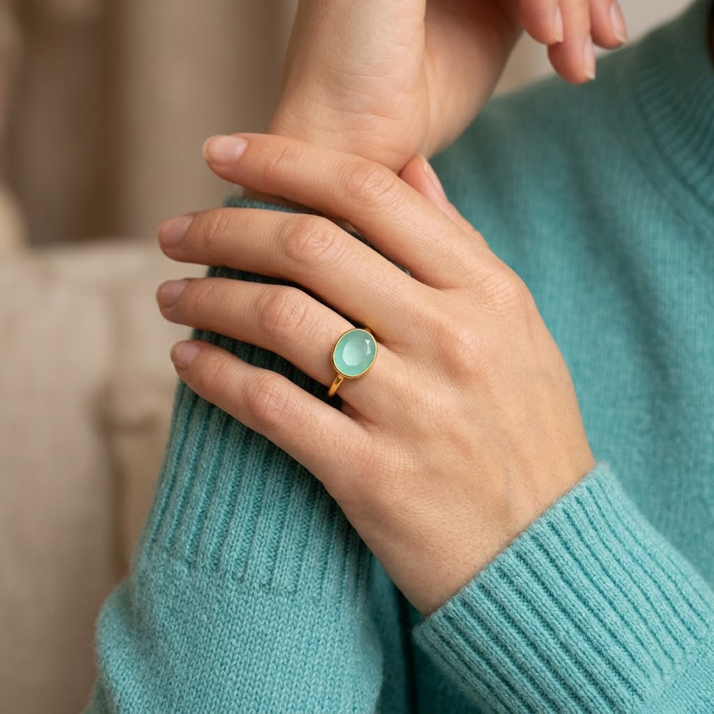 Oval Aqua Chalcedony Ring, Bezel Set March Birthstone Ring in Sterling Silver, Gold or Rose Gold
