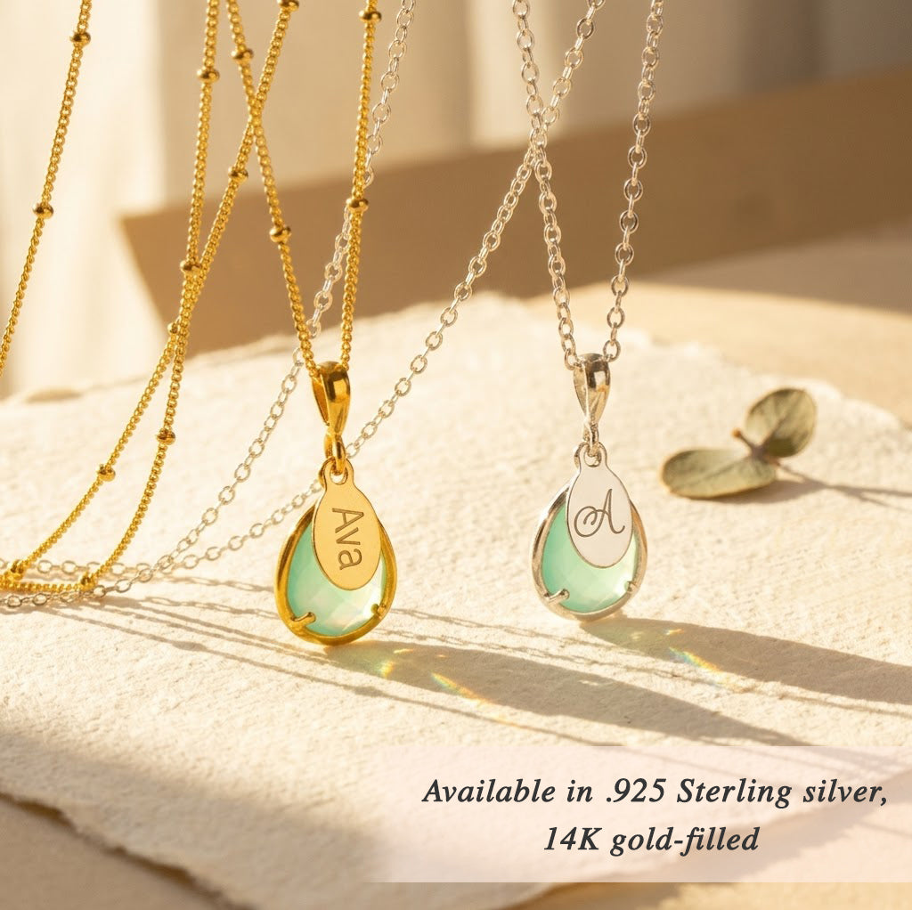 Aqua chalcedony necklace available in sterling silver and gold filled, personalized name pendant with March birthstone