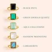 Aqua chalcedony March birthstone ring with 8x11mm gemstone size text overlay.