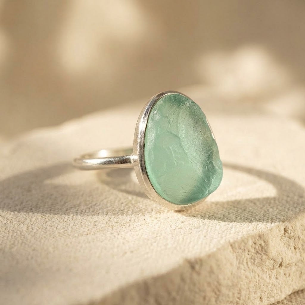 Rough Cut Aqua Chalcedony Teardrop Ring, March Birthstone