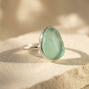 Rough Cut Aqua Chalcedony Teardrop Ring, March Birthstone