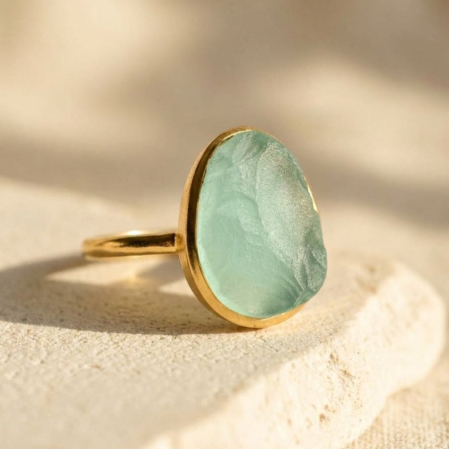 Rough Cut Aqua Chalcedony Teardrop Ring, March Birthstone