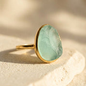Rough Cut Aqua Chalcedony Teardrop Ring, March Birthstone