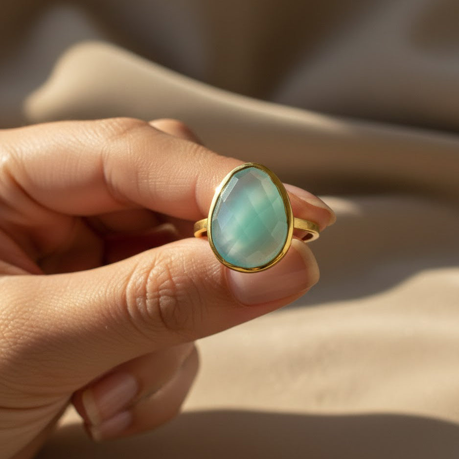 Sterling silver Aqua Chalcedony ring with bezel-set gemstone, available in yellow or rose gold vermeil
