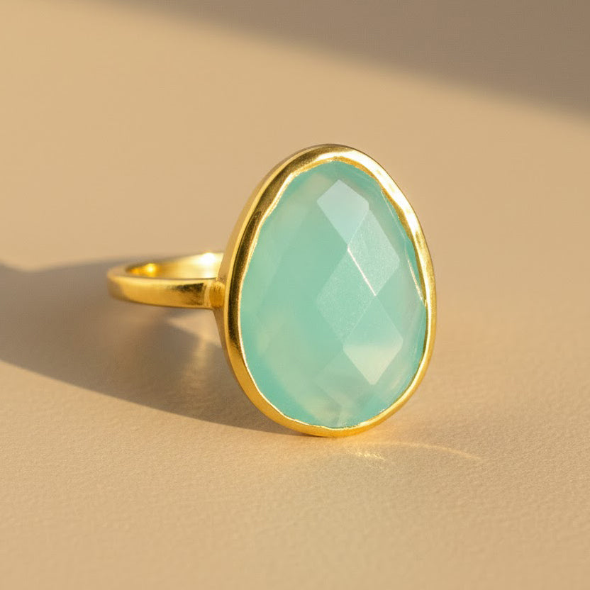 Aqua Chalcedony ring in bezel setting with gold band, available in sterling silver, yellow or rose gold vermeil