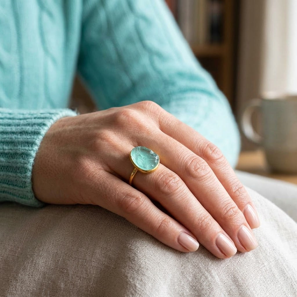 Rough Cut Aqua Chalcedony Teardrop Ring, March Birthstone