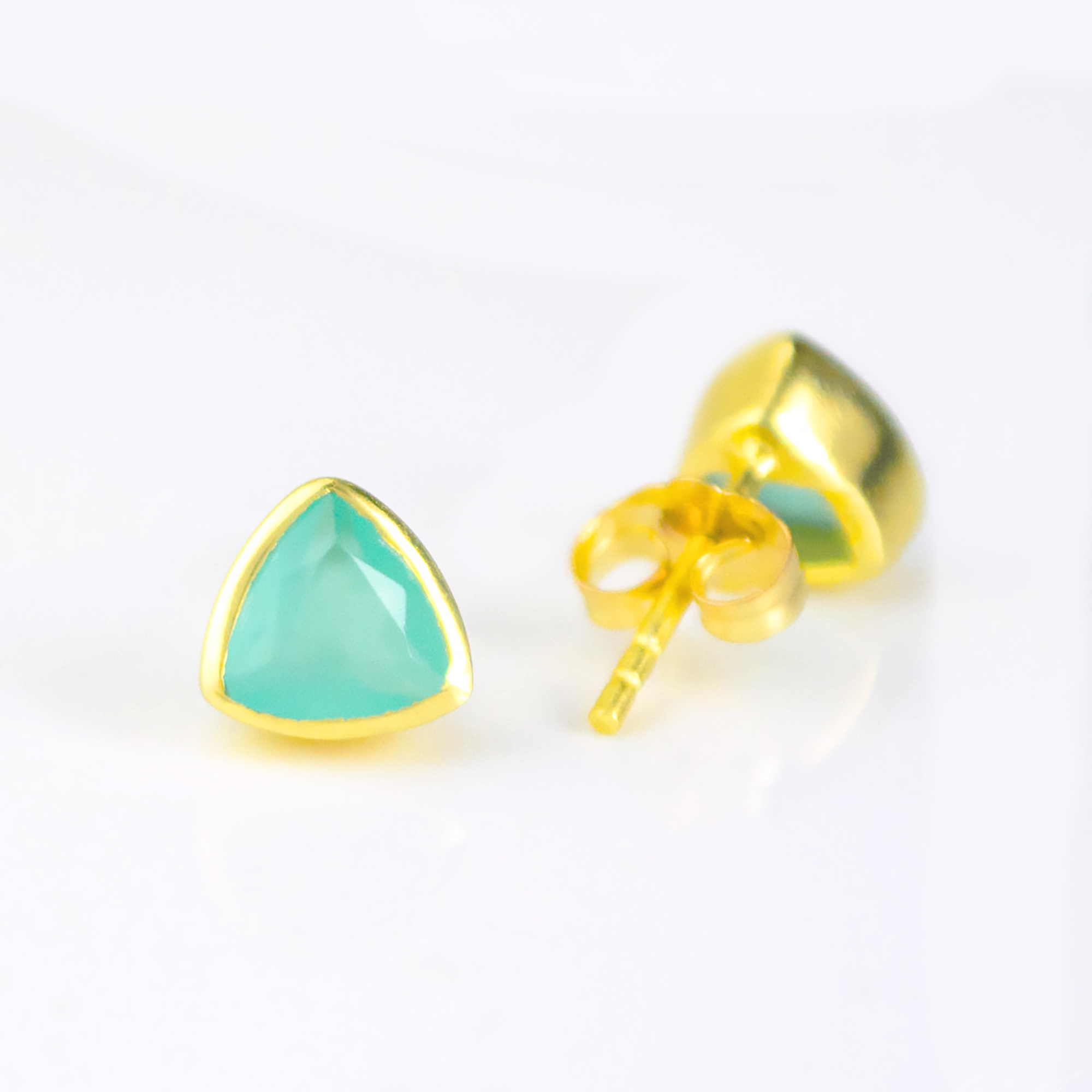 Minimalist Aquamarine Chalcedony Triangle Studs • March Birthstone