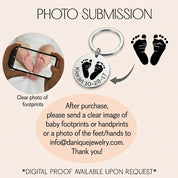 Photo submission instructions for a personalized baby footprint keychain, explaining how customers can send a clear baby footprint photo to create custom engraved jewelry. This actual baby footprint keychain is crafted from stainless steel and engraved with care, making it a sentimental keepsake gift for moms, grandmas, or anyone celebrating a new baby.