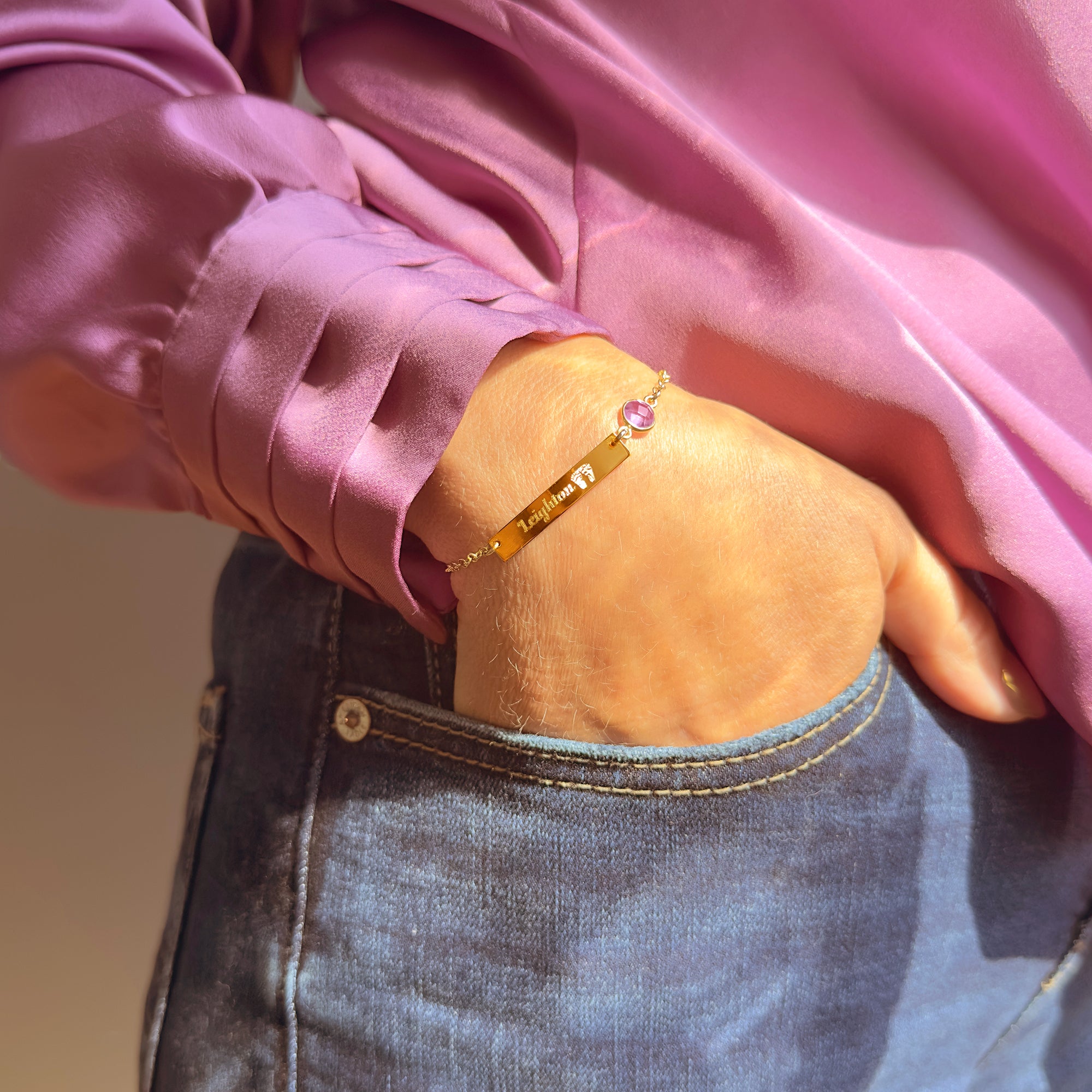 Engraved Baby Footprint Birthstone Bracelet, New Mom Gift