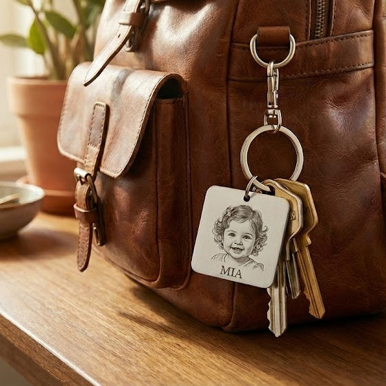 Personalized baby photo keychain attached to a leather handbag, showcasing everyday use of an engraved baby picture keepsake. This custom photo keychain is engraved from a real baby photograph and crafted in stainless steel for durability. A meaningful new mom keepsake gift that allows parents and grandparents to carry a cherished baby portrait wherever they go.