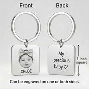 Front and back view of a personalized baby photo keychain showing engraving options on one or both sides. This custom baby picture keychain allows customers to include a baby portrait on one side and text or name on the other. A versatile engraved photo keychain designed for new mom keepsakes, memorial gifts, or meaningful family jewelry.