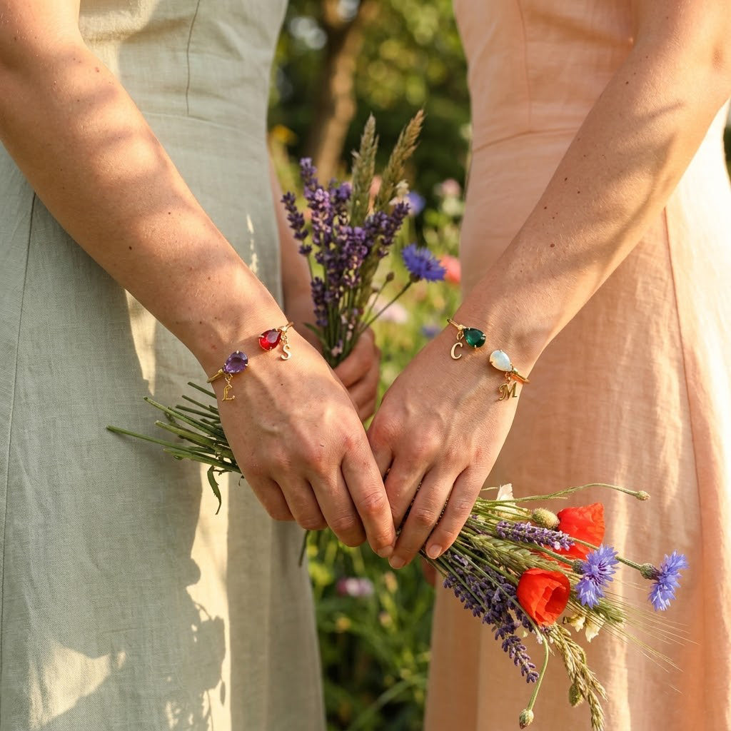 Bride wearing custom two birthstone initial bangle bracelet with colorful gemstones, a meaningful bridesmaid or wedding jewelry gift.