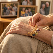 Grandma birthstone bangle with custom name charms in gold