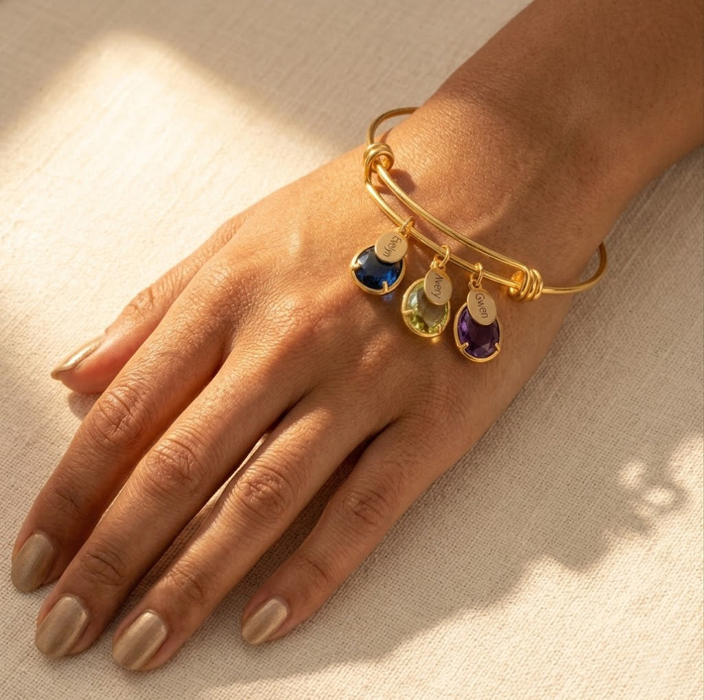 Personalized grandma bangle with children’s names and birthstone charms