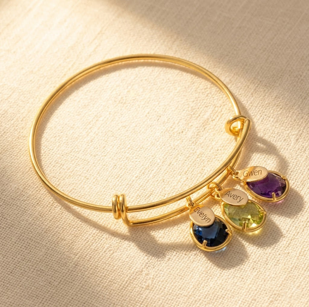 Custom mom bangle bracelet with engraved name charms and birthstones