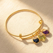 Custom mom bangle bracelet with engraved name charms and birthstones