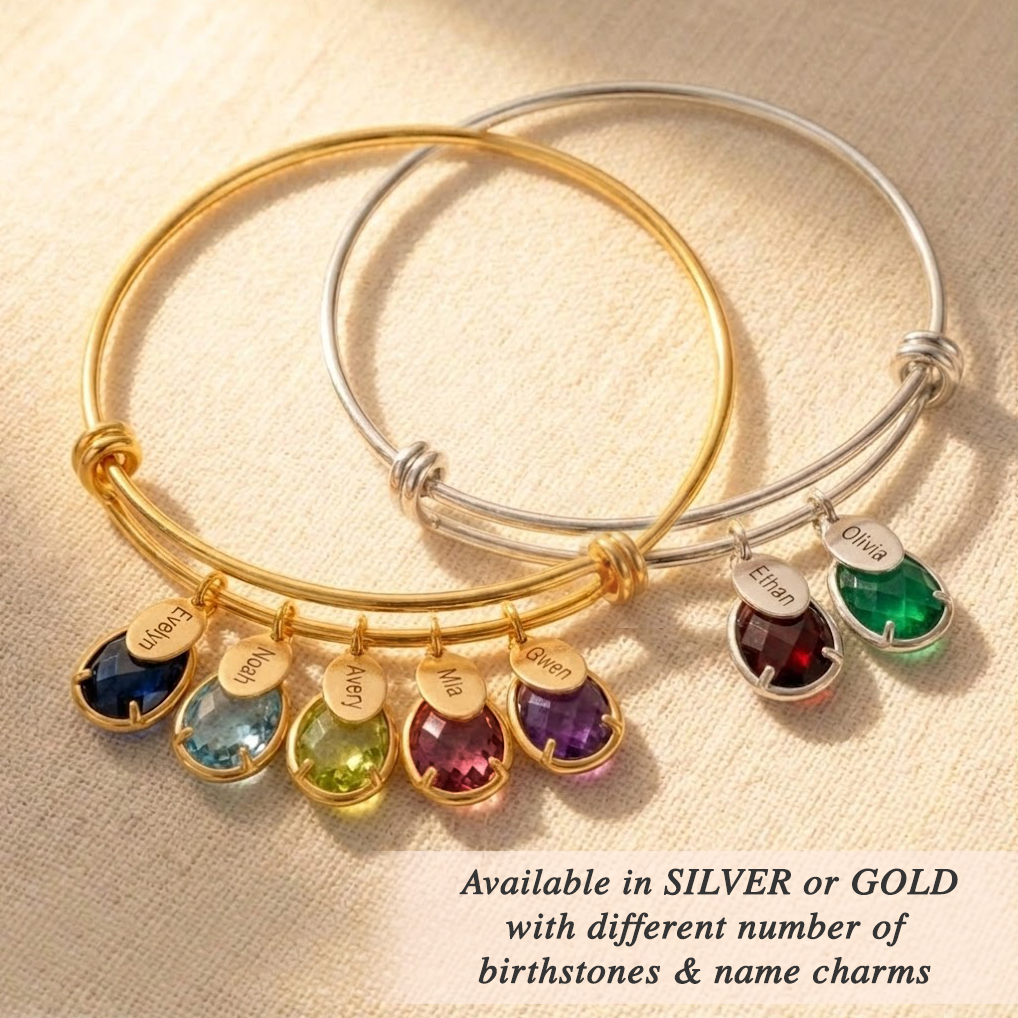 Gold and silver mom bangle with custom engraved charms and colorful birthstones