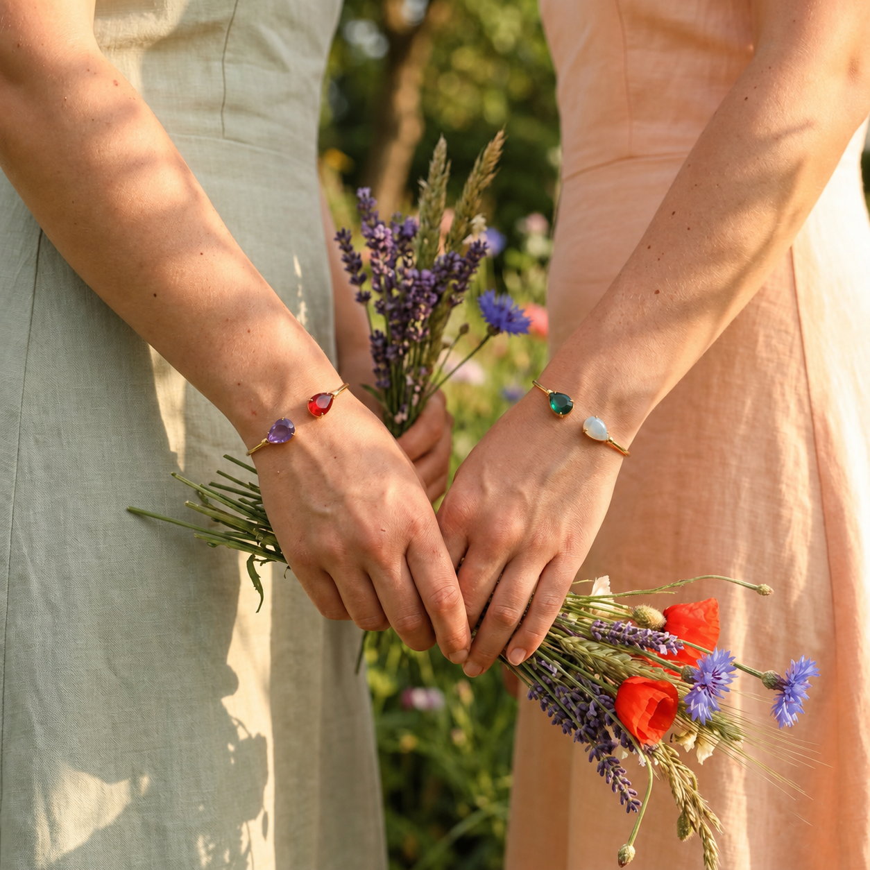 Two birthstone bangle bracelet worn outdoors on bridesmaids with flowers, a dainty custom gemstone cuff for bridesmaids, sisters, or gifts for her.