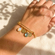 Custom family birthstone bangle bracelet on wrist with teardrop stones and initial charms in gold.