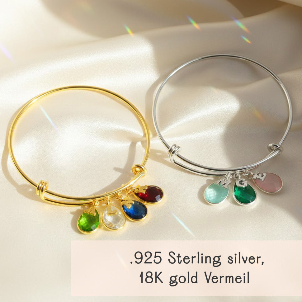 dainty birthstone initial bangle bracelet stacking bangle for women personalized initial and birthstone charms script letters delicate design gold filled or sterling silver perfect gift for bridesmaids mom grandma birthday