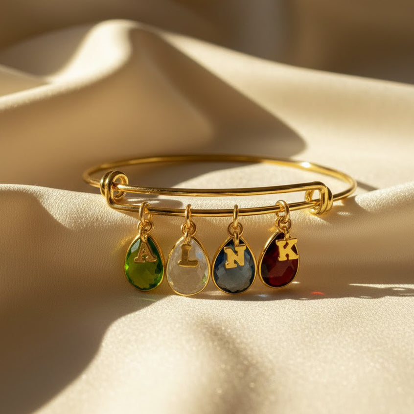 Custom  birthstone bangle personalized initial bracelet with teardrop birthstone charms script metal letters for mom stackable dainty bangle bracelet sterling silver gold filled layering gift for her