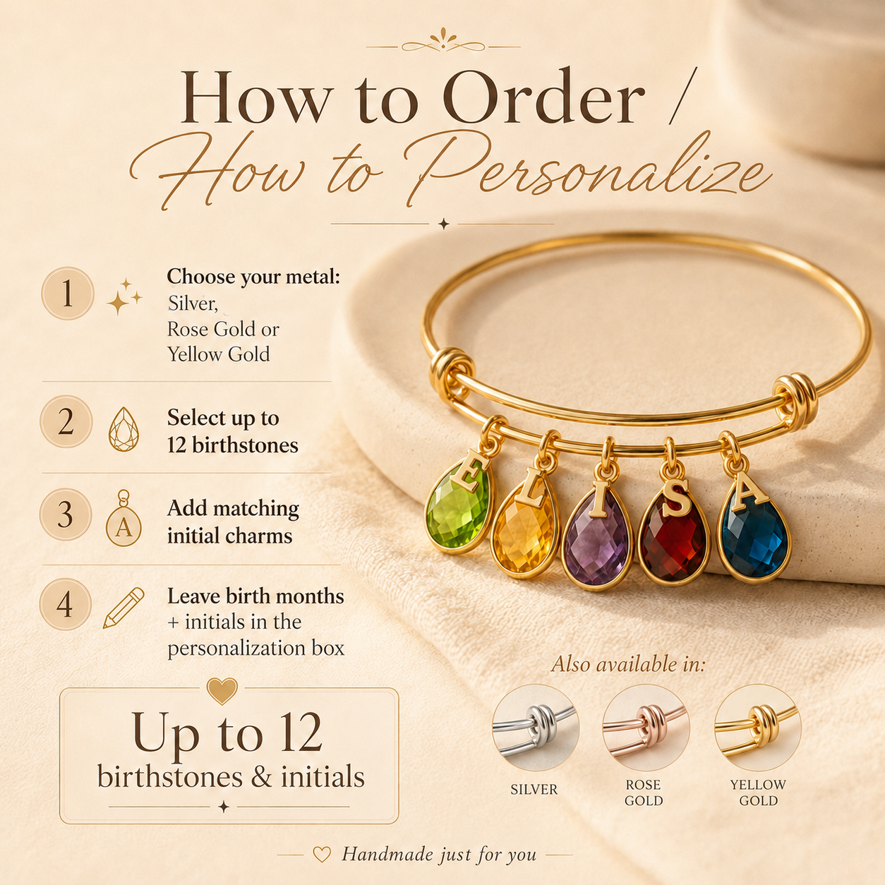 How to order personalized birthstone bangle bracelet with custom initials and metal options.