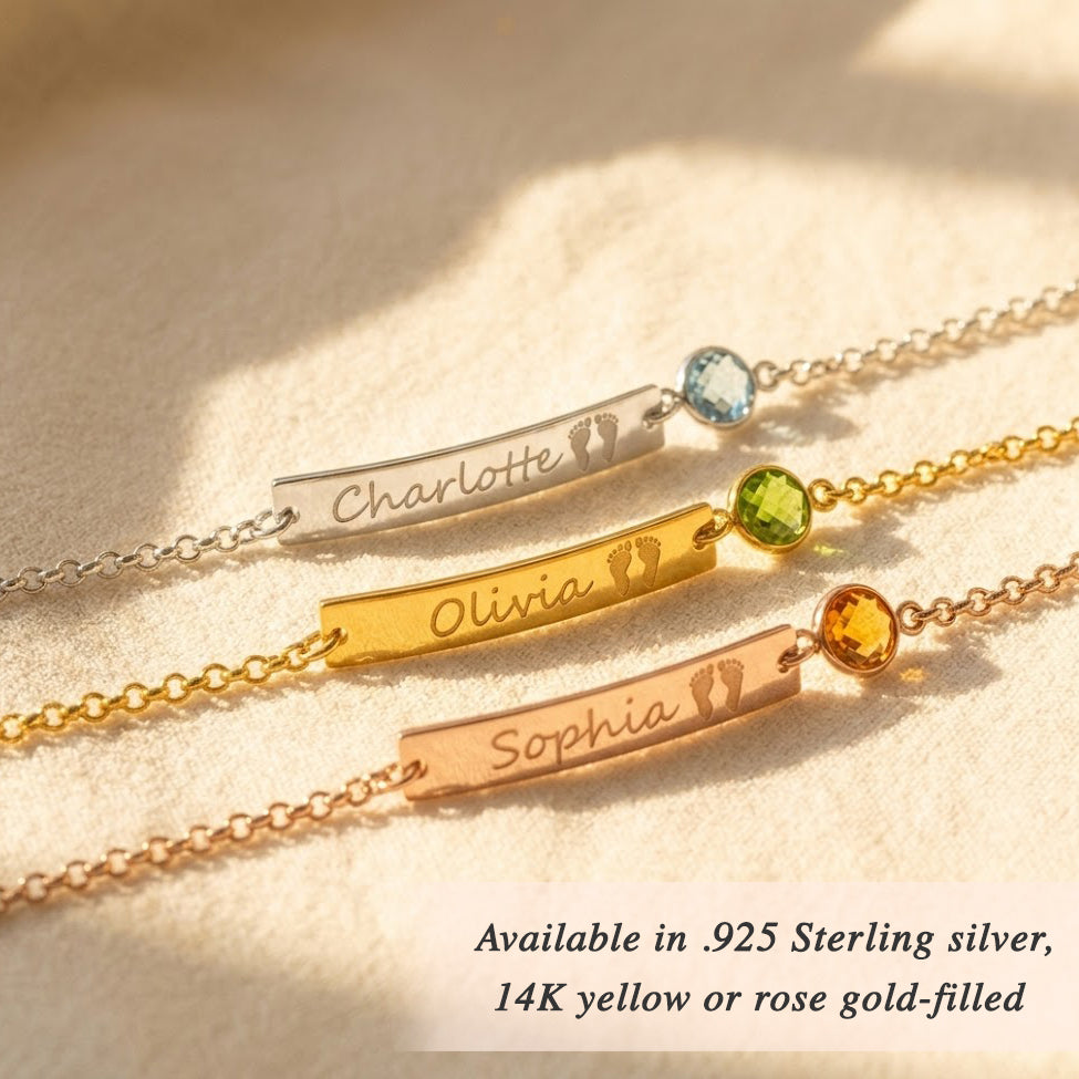 Custom engraved footprint bar bracelet with round birthstone in sterling silver or in rose gold