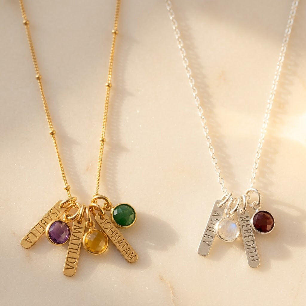 Custom engraved bar and birthstone necklace for mom in gold and silver, personalized family name necklace with colorful birthstones