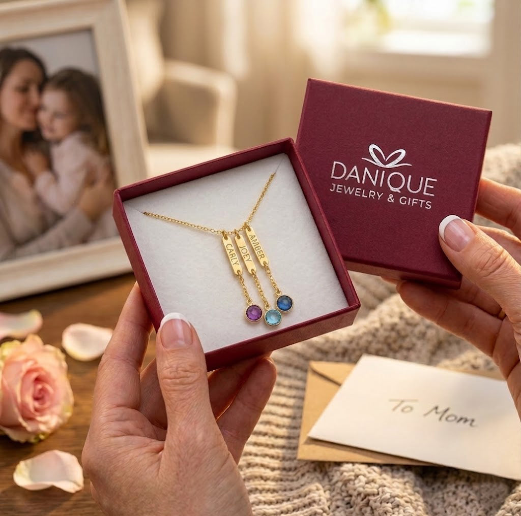 Gift-ready personalized name necklace in Danique Jewelry box, custom birthstone necklace for mom, grandma, or family keepsake gift.
