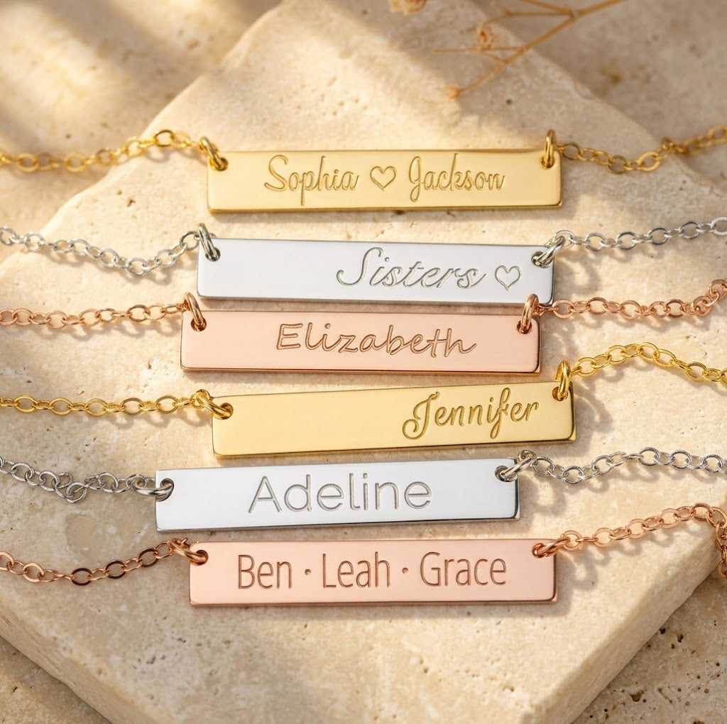 Custom engraved bar necklace in gold with personalized name minimalist nameplate necklace